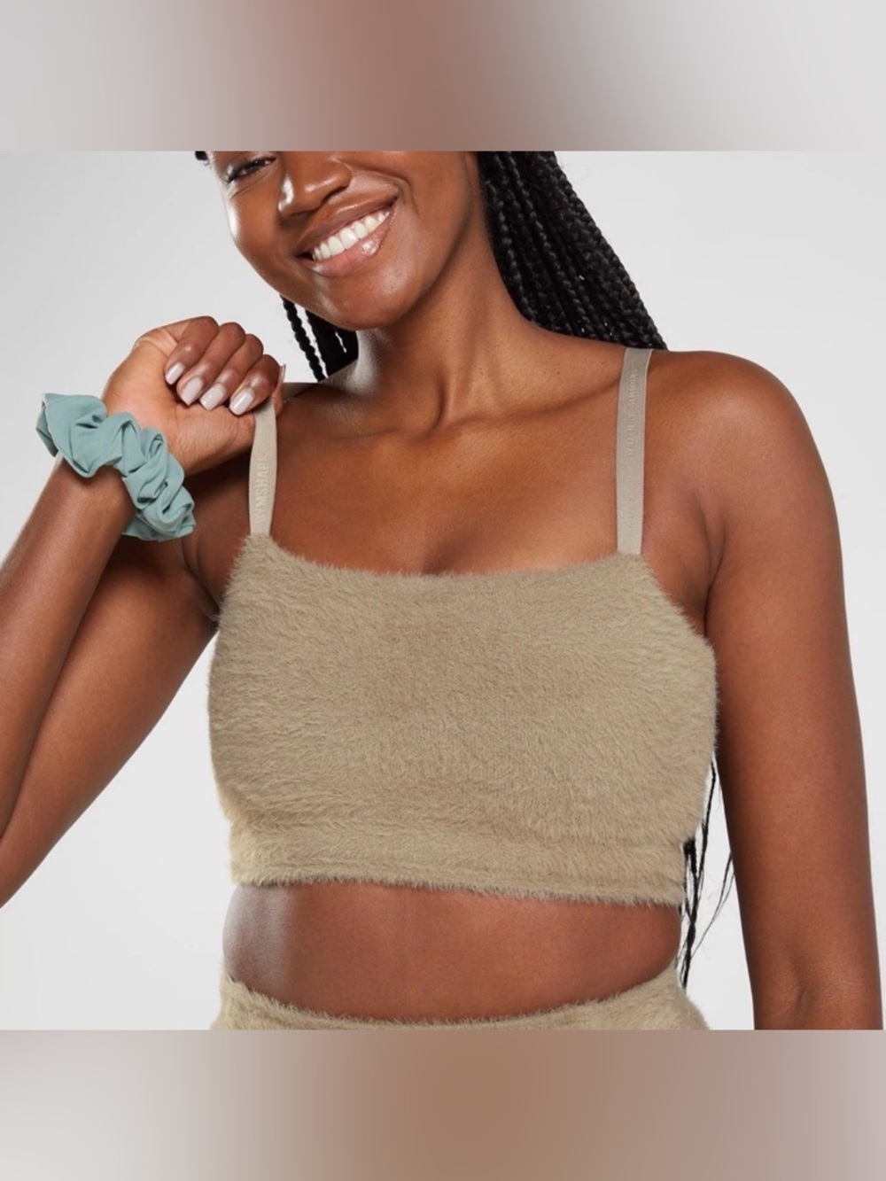 Gymshark Whitney Simmons Eyelash Cement Brown Fuzzy Bandeau Crop Cami Top Shirt